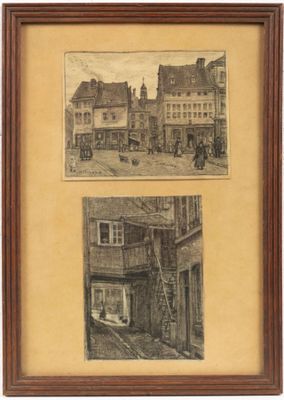 two drawings of a street scene with a horse drawn carriage and a horse drawn carriage