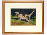 painting of a cat running in the grass with a black background