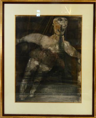 tableau représentant un homme portant une cravate, dans un cadre doré accroché au mur