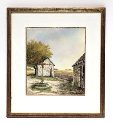 an image of a painting of a barn and a tree in a field