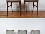 trois photos d'un ensemble de quatre chaises en bois avec des assises rembourrées