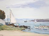 a painting of a sailboat on the water near a beach