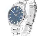 an image of a stainless steel wrist watch with a blue dial