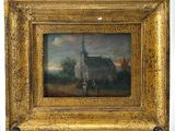 an old painting of a church with a man standing in front of it