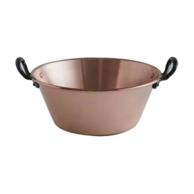 a close up of a copper colored pan on a white background
