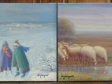 trois tableaux représentant un homme et une femme avec des moutons dans un champ