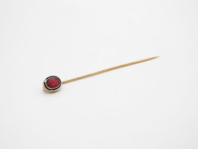 un bâton doré orné d'une pierre rouge repose sur une surface blanche
