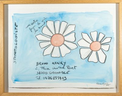 une peinture représentant deux fleurs blanches sur fond bleu