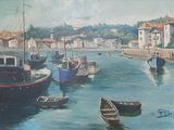 painting of boats in a harbor with buildings in the background