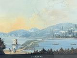 a picture of a painting of a view of a lake