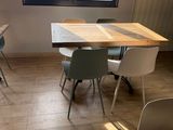 a table and chairs in a room with a large window