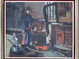 un tableau représentant une femme dans une cuisine, entourée de casseroles et de poêles