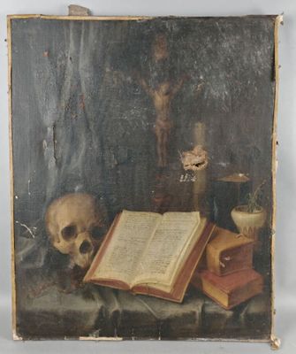 an old painting of a skull and a book on a table