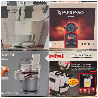 four different pictures of a coffee maker and a blender in a store