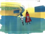 scène d'anime mettant en scène une femme vêtue d'une cape rouge et un homme en chemise blanche