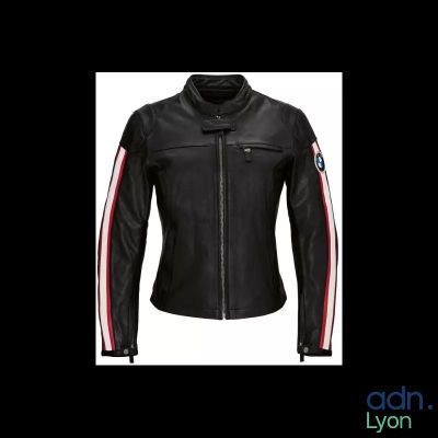a close up of a black leather jacket with red and white stripes