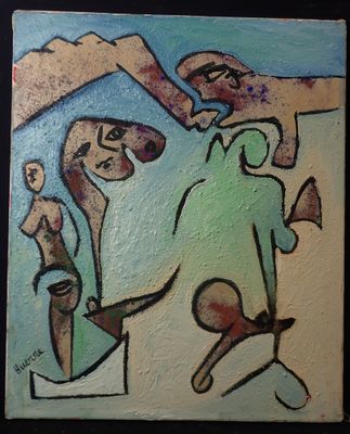 a painting of a man and a woman on the beach