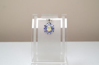 a clear display case with a blue and yellow flower on it