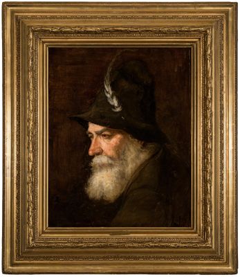 a painting of a bearded man with a black hat and white beard