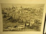 un dessin en noir et blanc représentant une ville avec des bateaux sur l'eau