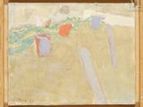 une peinture représentant une scène de plage avec une planche de surf et des seaux