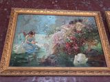 two paintings of a woman and a child sitting on a bench