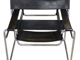 black leather and chrome chair with armrests on a white background