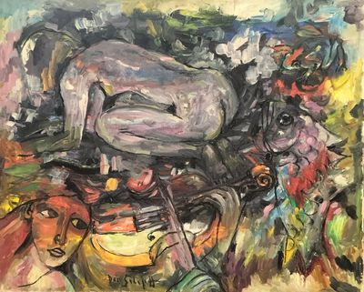 painting of a painting of a woman and a horse in a field