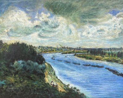 Ecole Française XX° Paysage de rivière Huile sur toile Accid…