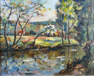 an oil painting of a river with trees in the foreground