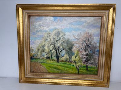 une peinture à l'huile représentant un paysage avec des arbres et un chemin de terre
