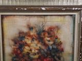 a painting of flowers in a vase on a table