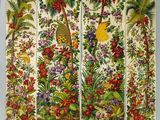un tableau représentant une scène tropicale avec des palmiers et des fleurs