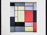 a painting of a red, yellow, blue and black square