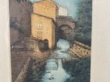 painting of a river running under a bridge with a building in the background