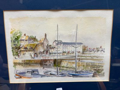 une image représentant une aquarelle de bateaux dans un port