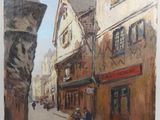 painting of a couple walking down a street past tall buildings
