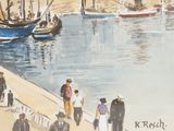 painting of a group of people walking down a sidewalk next to a body of water