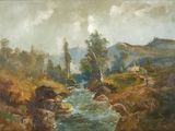 une peinture à l'huile représentant un ruisseau traversant un champ verdoyant