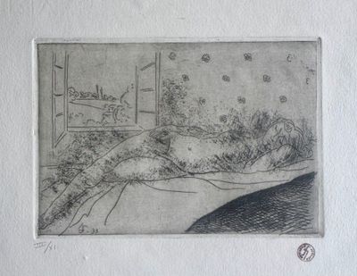 un dessin représentant un chien allongé sur un lit