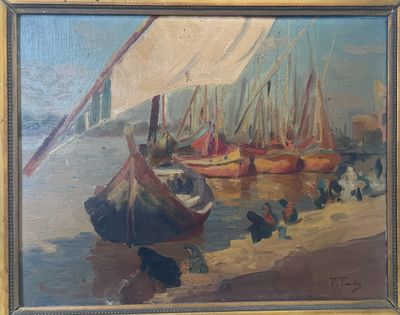 a painting of a sailboat on the water by the shore