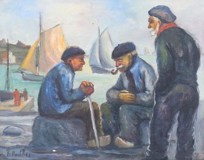 tableau représentant trois hommes assis sur un rocher, avec des bateaux en arrière-plan