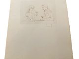 a drawing of two people sitting on a bench in front of a white background