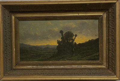 une peinture à l'huile représentant un paysage avec un arbre solitaire au premier plan