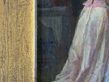 a painting of a woman in a white dress standing in front of a barrel