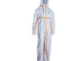 a white suit with orange trims and hood on a mannequin mannequin mannequin mannequin mannequin mannequin mannequin