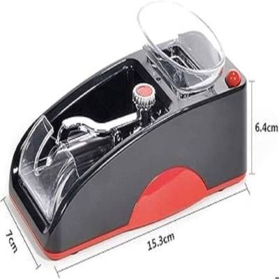 an image of a black and red sewing machine with a red handle