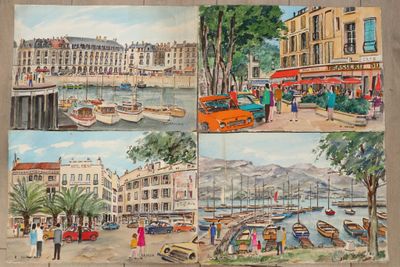 quatre photos d'un tableau représentant une ville avec des bateaux
