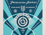 a blue and white poster with an arrow in the center