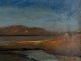 a painting of a view of a lake with a mountain in the background
